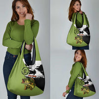 Largemouth Bass Fishing Grocery Bag Fish On Text and Boat Scene in Green and Black Custom Design - Wonder Print Shop