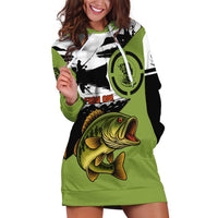 Largemouth Bass Fishing Hoodie Dress Fish On Text and Boat Scene in Green and Black Custom Design - Wonder Print Shop