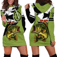 Largemouth Bass Fishing Hoodie Dress Fish On Text and Boat Scene in Green and Black Custom Design - Wonder Print Shop