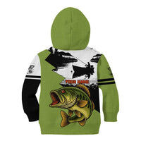 Largemouth Bass Fishing Kid Hoodie Fish On Text and Boat Scene in Green and Black Custom Design - Wonder Print Shop