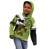 Largemouth Bass Fishing Kid Hoodie Fish On Text and Boat Scene in Green and Black Custom Design - Wonder Print Shop