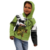 Largemouth Bass Fishing Kid Hoodie Fish On Text and Boat Scene in Green and Black Custom Design - Wonder Print Shop