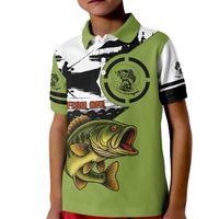 Largemouth Bass Fishing Kid Polo Shirt Fish On Text and Boat Scene in Green and Black Custom Design - Wonder Print Shop