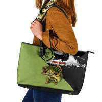 Largemouth Bass Fishing Leather Tote Bag Fish On Text and Boat Scene in Green and Black Custom Design - Wonder Print Shop