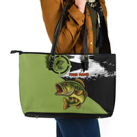 Largemouth Bass Fishing Leather Tote Bag Fish On Text and Boat Scene in Green and Black Custom Design - Wonder Print Shop