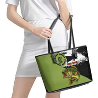 Largemouth Bass Fishing Leather Tote Bag Fish On Text and Boat Scene in Green and Black Custom Design - Wonder Print Shop