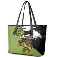 Largemouth Bass Fishing Leather Tote Bag Fish On Text and Boat Scene in Green and Black Custom Design - Wonder Print Shop