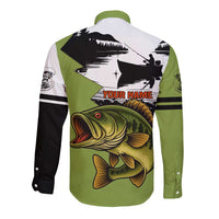 Largemouth Bass Fishing Long Sleeve Button Shirt Fish On Text and Boat Scene in Green and Black Custom Design - Wonder Print Shop