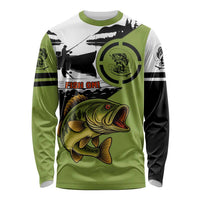 Largemouth Bass Fishing Long Sleeve Shirt Fish On Text and Boat Scene in Green and Black Custom Design - Wonder Print Shop