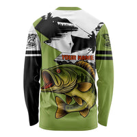 Largemouth Bass Fishing Long Sleeve Shirt Fish On Text and Boat Scene in Green and Black Custom Design - Wonder Print Shop