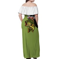 Largemouth Bass Fishing Off Shoulder Maxi Dress Fish On Text and Boat Scene in Green and Black Custom Design - Wonder Print Shop