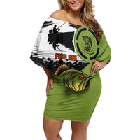 Largemouth Bass Fishing Off Shoulder Short Dress Fish On Text and Boat Scene in Green and Black Custom Design - Wonder Print Shop