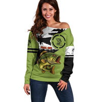 Largemouth Bass Fishing Off Shoulder Sweater Fish On Text and Boat Scene in Green and Black Custom Design - Wonder Print Shop