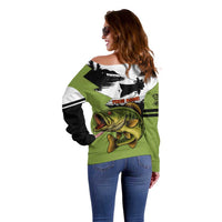 Largemouth Bass Fishing Off Shoulder Sweater Fish On Text and Boat Scene in Green and Black Custom Design - Wonder Print Shop