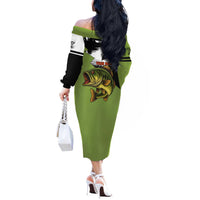 Largemouth Bass Fishing Off The Shoulder Long Sleeve Dress Fish On Text and Boat Scene in Green and Black Custom Design - Wonder Print Shop