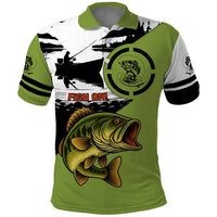 Largemouth Bass Fishing Polo Shirt Fish On Text and Boat Scene in Green and Black Custom Design - Wonder Print Shop