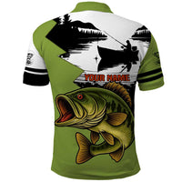 Largemouth Bass Fishing Polo Shirt Fish On Text and Boat Scene in Green and Black Custom Design - Wonder Print Shop