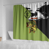 Largemouth Bass Fishing Shower Curtain Fish On Text and Boat Scene in Green and Black Custom Design - Wonder Print Shop