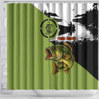 Largemouth Bass Fishing Shower Curtain Fish On Text and Boat Scene in Green and Black Custom Design - Wonder Print Shop