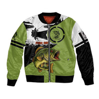 Largemouth Bass Fishing Sleeve Zip Bomber Jacket Fish On Text and Boat Scene in Green and Black Custom Design - Wonder Print Shop