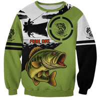 Largemouth Bass Fishing Sweatshirt Fish On Text and Boat Scene in Green and Black Custom Design - Wonder Print Shop