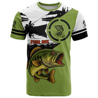 Largemouth Bass Fishing T Shirt Fish On Text and Boat Scene in Green and Black Custom Design - Wonder Print Shop