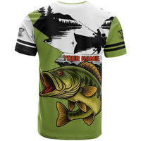 Largemouth Bass Fishing T Shirt Fish On Text and Boat Scene in Green and Black Custom Design - Wonder Print Shop