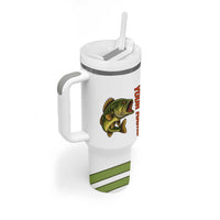 Largemouth Bass Fishing Tumbler With Handle Fish On Text and Boat Scene in Green and Black Custom Design - Wonder Print Shop