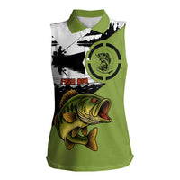 Largemouth Bass Fishing Women Sleeveless Polo Shirt Fish On Text and Boat Scene in Green and Black Custom Design - Wonder Print Shop