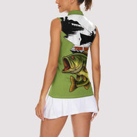 Largemouth Bass Fishing Women Sleeveless Polo Shirt Fish On Text and Boat Scene in Green and Black Custom Design - Wonder Print Shop
