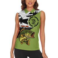 Largemouth Bass Fishing Women Sleeveless Polo Shirt Fish On Text and Boat Scene in Green and Black Custom Design - Wonder Print Shop