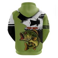 Largemouth Bass Fishing Zip Hoodie Fish On Text and Boat Scene in Green and Black Custom Design - Wonder Print Shop