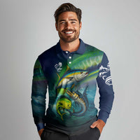 Offshore Fishing Custom Long Sleeve Polo Shirt Tuna Mahi Mahi and Wahoo in Ocean Wave Design - Wonder Print Shop