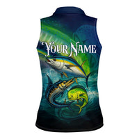 Offshore Fishing Custom Women Sleeveless Polo Shirt Tuna Mahi Mahi and Wahoo in Ocean Wave Design - Wonder Print Shop