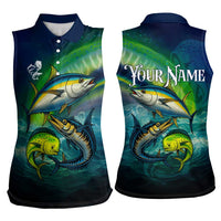 Offshore Fishing Custom Women Sleeveless Polo Shirt Tuna Mahi Mahi and Wahoo in Ocean Wave Design - Wonder Print Shop