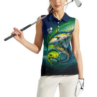 Offshore Fishing Custom Women Sleeveless Polo Shirt Tuna Mahi Mahi and Wahoo in Ocean Wave Design - Wonder Print Shop