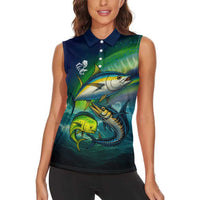 Offshore Fishing Custom Women Sleeveless Polo Shirt Tuna Mahi Mahi and Wahoo in Ocean Wave Design - Wonder Print Shop