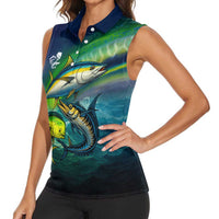 Offshore Fishing Custom Women Sleeveless Polo Shirt Tuna Mahi Mahi and Wahoo in Ocean Wave Design - Wonder Print Shop