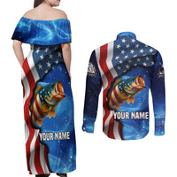 American Flag Bass Fishing Graphic Couples Matching Off Shoulder Maxi Dress and Long Sleeve Button Shirt Patriotic Fish and Starry Galaxy Background - Wonder Print Shop