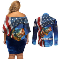 American Flag Bass Fishing Graphic Couples Matching Off Shoulder Short Dress and Long Sleeve Button Shirt Patriotic Fish and Starry Galaxy Background - Wonder Print Shop