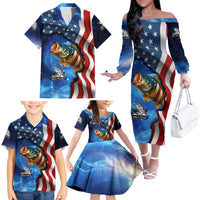 American Flag Bass Fishing Graphic Family Matching Off The Shoulder Long Sleeve Dress and Hawaiian Shirt Patriotic Fish and Starry Galaxy Background - Wonder Print Shop