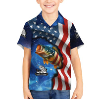 American Flag Bass Fishing Graphic Family Matching Off The Shoulder Long Sleeve Dress and Hawaiian Shirt Patriotic Fish and Starry Galaxy Background - Wonder Print Shop
