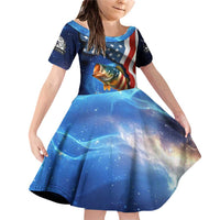 American Flag Bass Fishing Graphic Family Matching Off Shoulder Short Dress and Hawaiian Shirt Patriotic Fish and Starry Galaxy Background - Wonder Print Shop