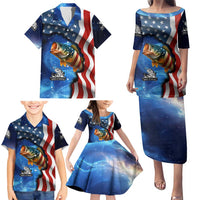 American Flag Bass Fishing Graphic Family Matching Puletasi and Hawaiian Shirt Patriotic Fish and Starry Galaxy Background - Wonder Print Shop