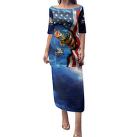 American Flag Bass Fishing Graphic Family Matching Puletasi and Hawaiian Shirt Patriotic Fish and Starry Galaxy Background - Wonder Print Shop
