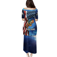 American Flag Bass Fishing Graphic Family Matching Puletasi and Hawaiian Shirt Patriotic Fish and Starry Galaxy Background - Wonder Print Shop