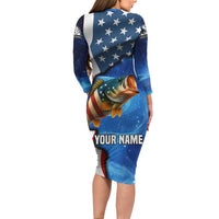 American Flag Bass Fishing Graphic Long Sleeve Bodycon Dress Patriotic Fish and Starry Galaxy Background - Wonder Print Shop