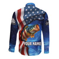 American Flag Bass Fishing Graphic Long Sleeve Button Shirt Patriotic Fish and Starry Galaxy Background - Wonder Print Shop