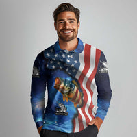 American Flag Bass Fishing Graphic Long Sleeve Polo Shirt Patriotic Fish and Starry Galaxy Background - Wonder Print Shop
