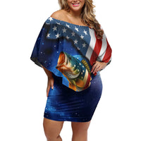 American Flag Bass Fishing Graphic Off Shoulder Short Dress Patriotic Fish and Starry Galaxy Background - Wonder Print Shop